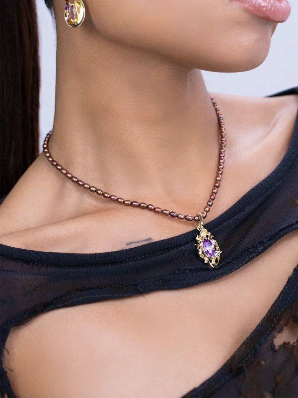 Scorch Plum Gem with Chocolate Pearl Necklace