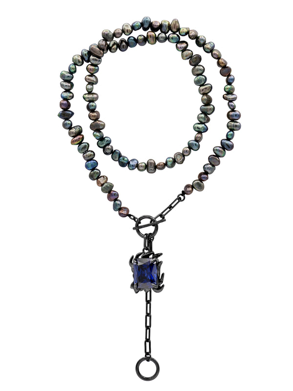 DRAVEN BLACK PEARL NECKLACE WITH MIDNIGHT BLUE GEM