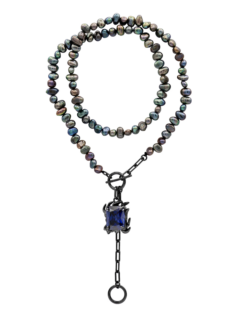 DRAVEN BLACK PEARL NECKLACE WITH MIDNIGHT BLUE GEM