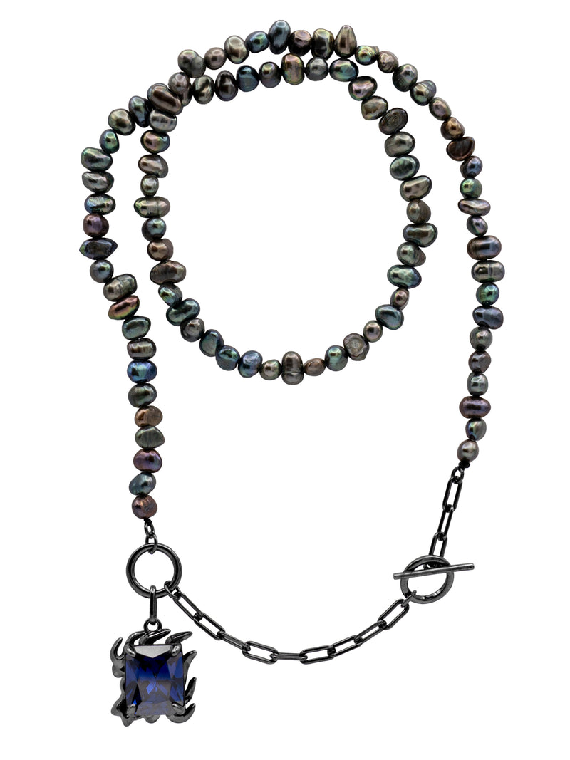 DRAVEN BLACK PEARL NECKLACE WITH MIDNIGHT BLUE GEM