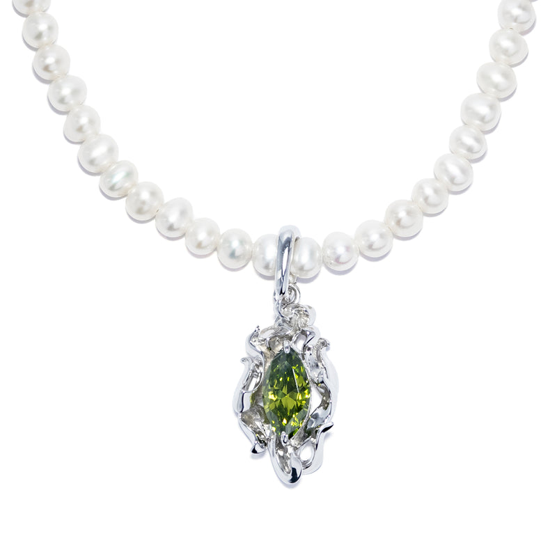 Scorch Olive Gem with Baby Pearl Necklace