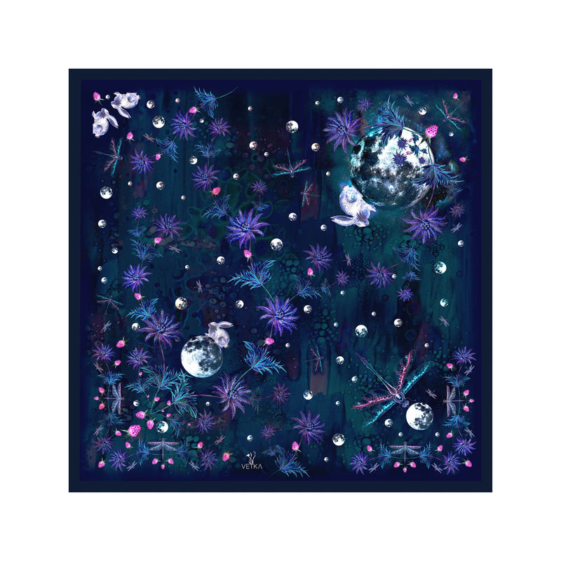 Decorative scarf with celestial design featuring planets and stars on a dark blue background