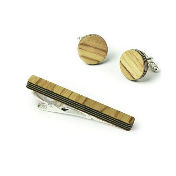 Wooden Tie Pin & Cufflinks "Light Olive"