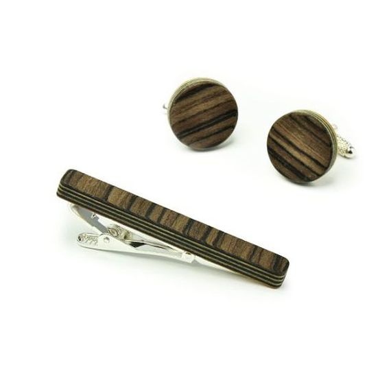 Wooden Tie Pin & Cufflinks "Dark Olive"