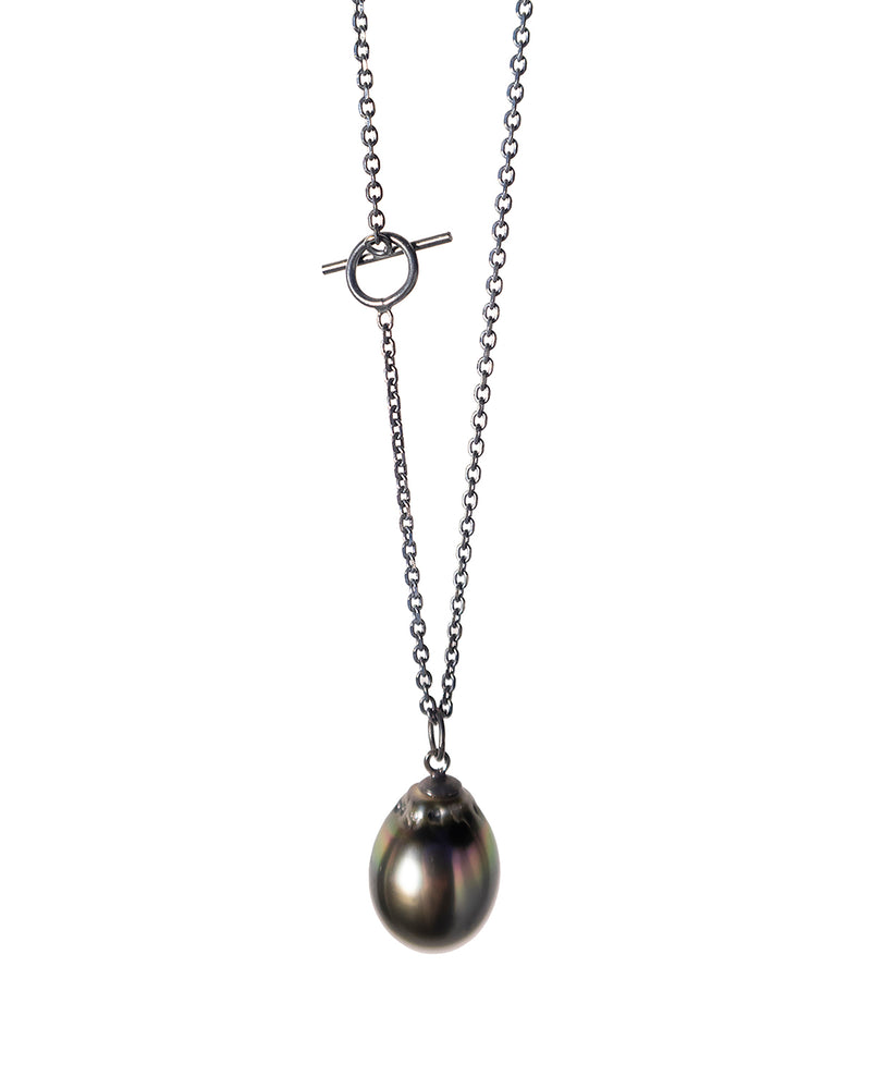 SOLITARY PEARL SILVER NECKLACE - BLACK